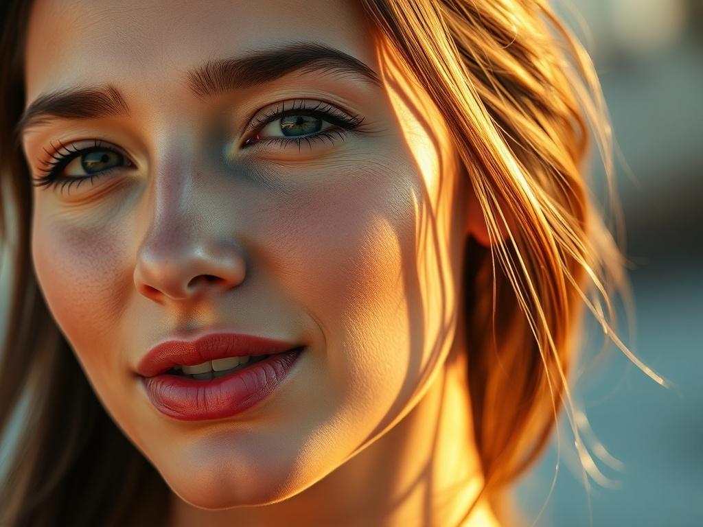 A close-up shot of a woman with a flawless, sun-kissed glow on her skin, showcasing a radiant and healthy complexion. The background should be soft and blurred to emphasize her skin. The lighting should be warm and inviting, capturing the essence of a perfect tan. The image should feel fresh and uplifting, compatible with the primary color rgb(3, 125, 201).