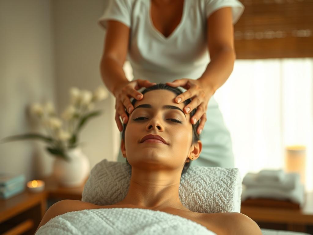 A tranquil spa environment where a therapist is giving a head and neck massage to a client. The room is softly lit, with relaxing music playing in the background. The focus is on the client's serene expression, highlighting the soothing nature of the treatment.