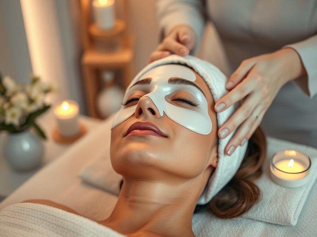 A calming treatment room showcasing an anti-aging facial procedure. The focus is on a client receiving a rejuvenating mask, with soft lighting and soothing decor around. The scene conveys tranquility and luxury, emphasizing self-care and beauty.