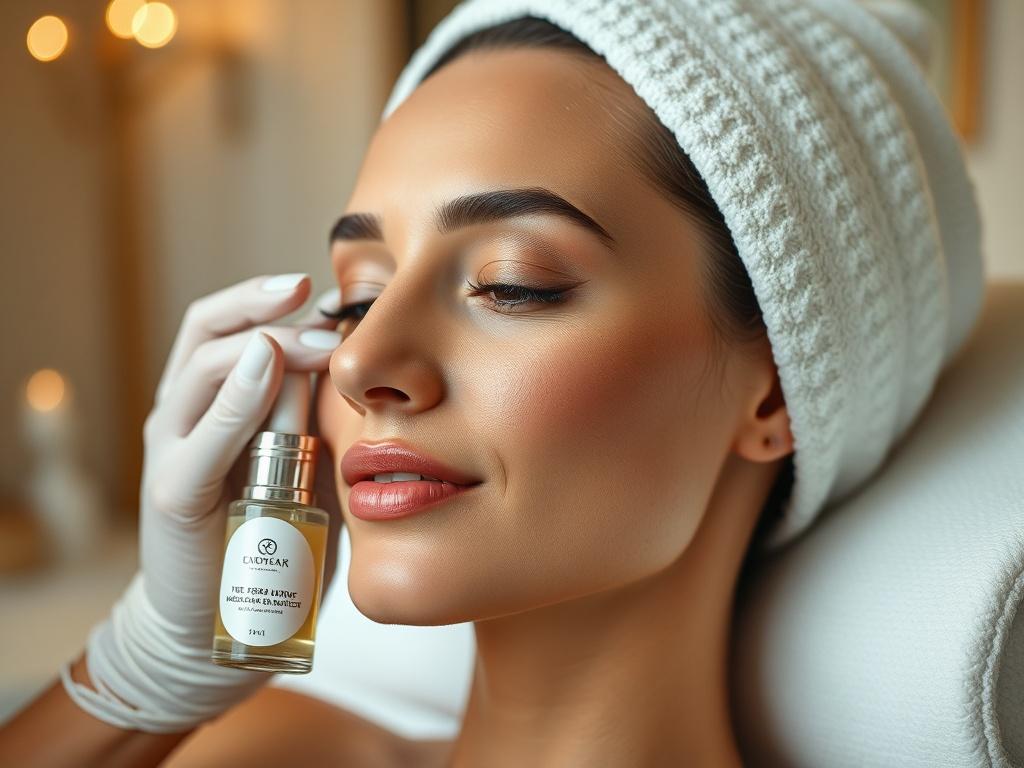 A close-up shot of an aesthetician applying an anti-aging serum to a client's face in a luxurious spa environment. The focus should be on the client's relaxed expression and the quality of the skincare product.