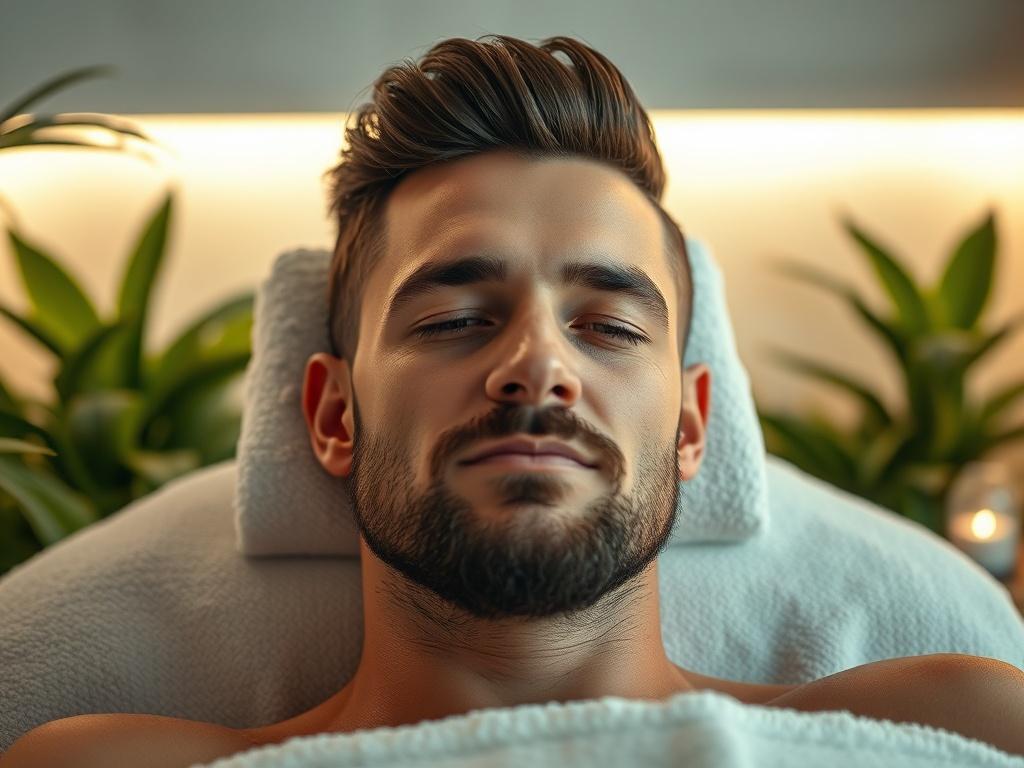 Un hombre con una barba perfectamente cuidada recibiendo un tratamiento facial en un spa. La imagen muestra una escena relajante y serena, con el hombre recostado en una camilla de spa, disfrutando de un tratamiento de belleza. El fondo está decorado con plantas verdes y elementos de diseño de spa, creando un ambiente acogedor y lujoso. La luz es suave y cálida, enfatizando la tranquilidad del momento.
