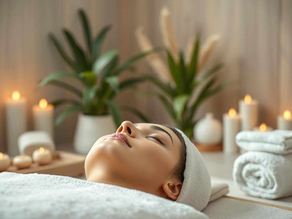 A hyper-realistic close-up shot of a serene spa environment, showcasing soothing colors and natural elements. The image should focus on a calming facial treatment setup with soft lighting, emphasizing a clean and tranquil atmosphere. The background should feature elements like gentle green plants and soft towels, creating a relaxing vibe. The photo should be compatible with rgb(3, 125, 201) primary color scheme.