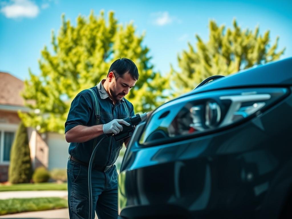 A professional technician restoring foggy car headlights in a suburban