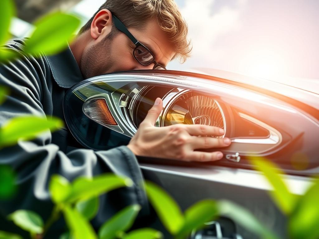 A close up view of a technician inspecting a car's
