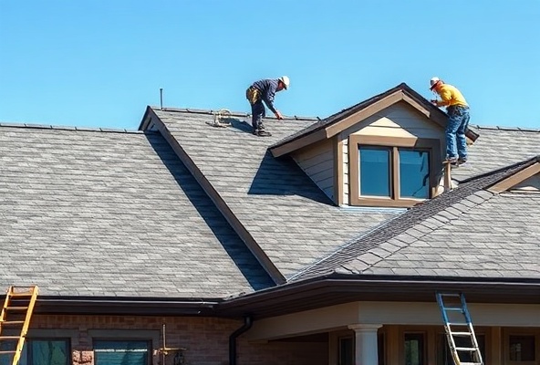 Professional roofing crew working on residential roof