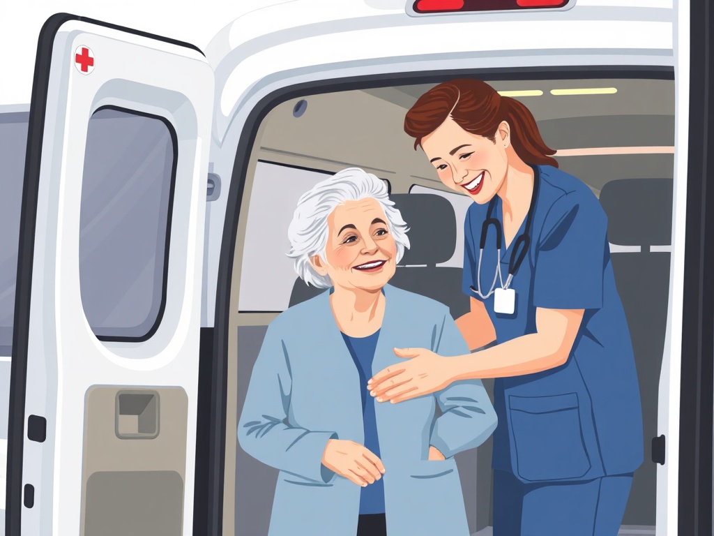 Professional caregiver assisting senior patient into medical transportation vehicle