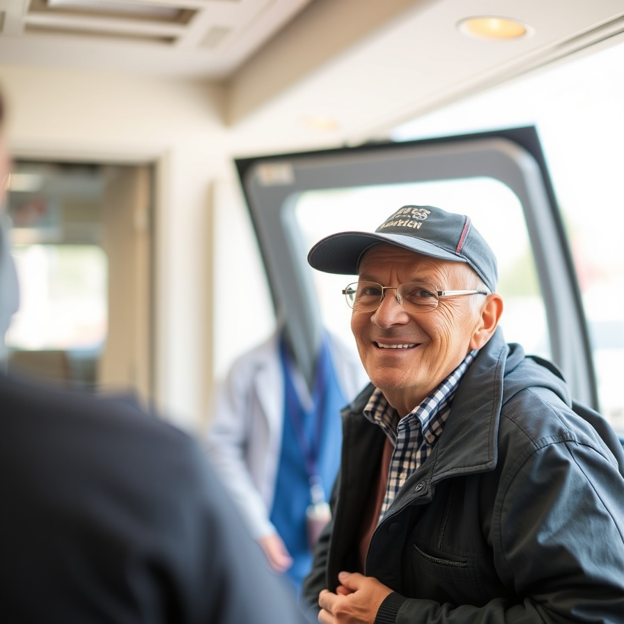 Appreciative veteran being helped with transportation to medical appointment