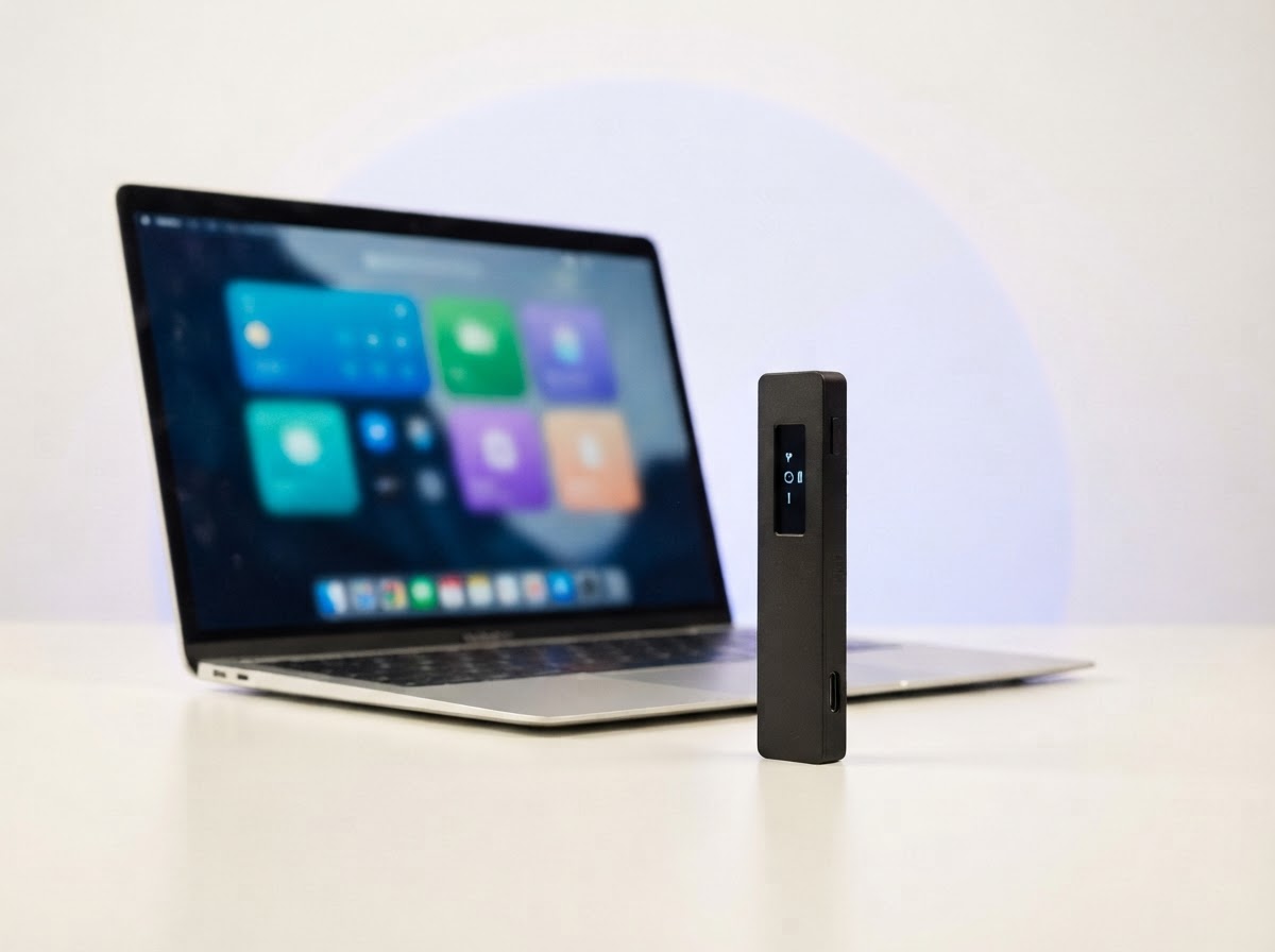 A generic hardware wallet beside a laptop displaying a colorful desktop asset interface