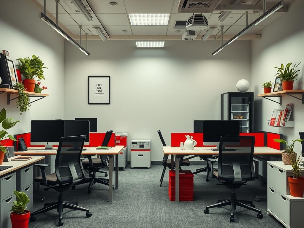 A hyper-realistic close-up shot of a well-organized shared office space, showcasing a modern office starter kit, clean workstations with ergonomic furniture, and a well-stocked pantry area. The image emphasizes a clean and green aesthetic, with vibrant red and black tones, shot with a 45mm f/1.2 lens.
