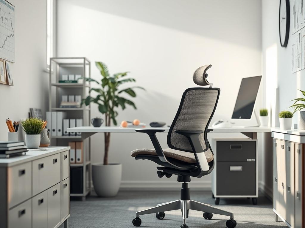 A clean and modern office environment showcasing a variety of high-quality office supplies and ergonomic furniture. The image should focus on a single ergonomic chair with a sleek design, placed in a well-lit corner of the office, emphasizing comfort and functionality. The background should be minimalist, with soft natural light coming through a window, creating a vibrant and inviting atmosphere.