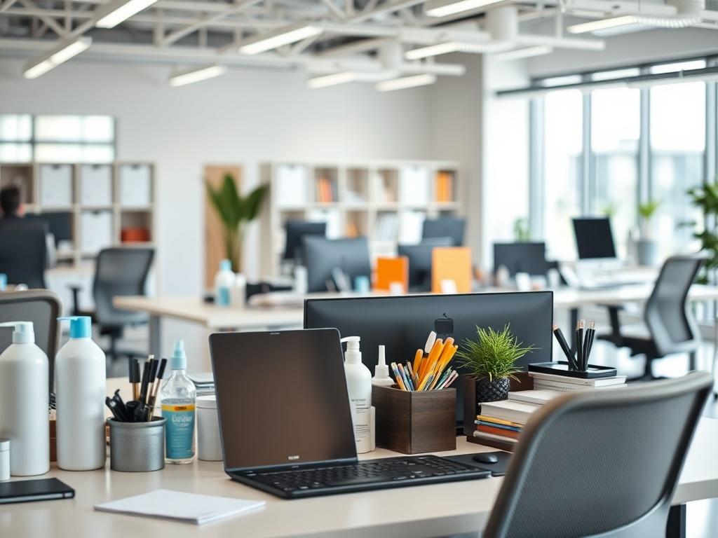 A close-up shot of a modern office environment featuring organized hygiene supplies, office essentials, and technology products. The setting is bright and clean, showcasing ergonomic furniture and a vibrant workspace. The image should focus on a desk area with neatly arranged supplies, while maintaining a professional and inviting atmosphere.