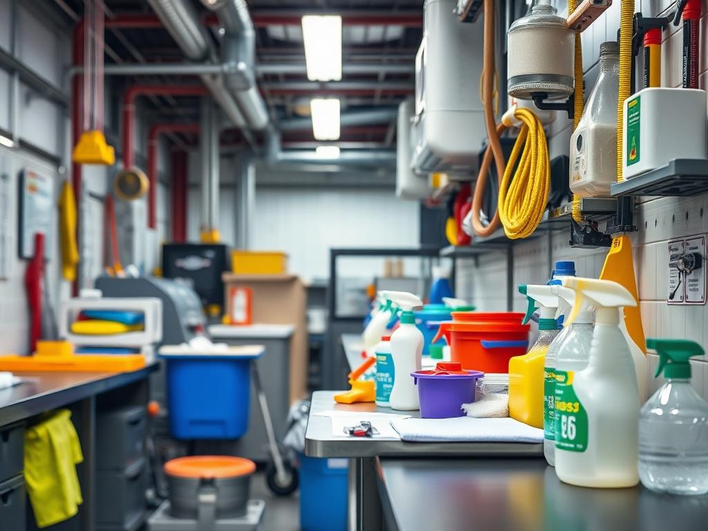 A hyper-realistic close-up shot of an industrial workspace showcasing cleaning supplies, office essentials, and safety equipment. The image should convey a sense of order and professionalism, with vibrant colors reflecting a well-maintained environment. Focus on a section of the facility that highlights both cleanliness and efficiency.