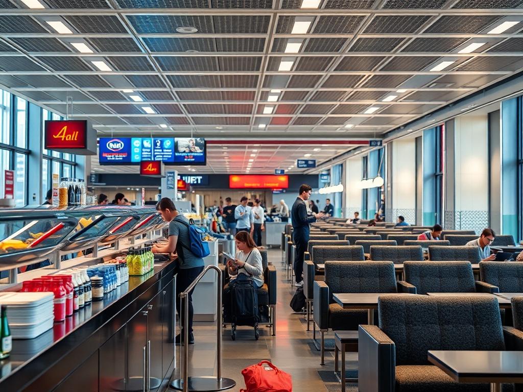 A close-up shot of a busy airport lounge featuring organized catering services, hygiene products, and comfortable seating areas. The atmosphere should be vibrant and welcoming, capturing the essence of travel and comfort. Focus on the details that enhance the travel experience, such as refreshments and cleanliness.