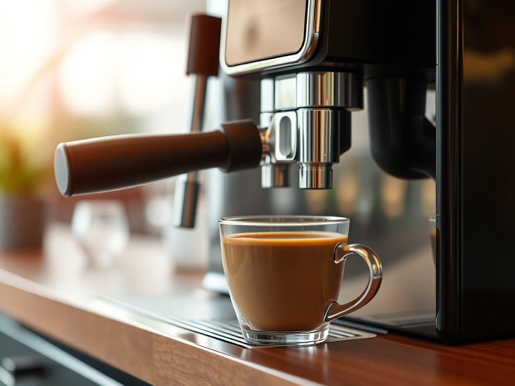 A high-resolution close-up shot of a sleek, modern coffee machine with freshly brewed coffee in a stylish cup beside it. The background should be softly blurred to emphasize the coffee machine and cup, creating a warm and inviting atmosphere. The colors should harmonize with the brand's primary color of red (rgb(205, 48, 52)), showcasing the elegance and professionalism of Copoint's catering solutions.
