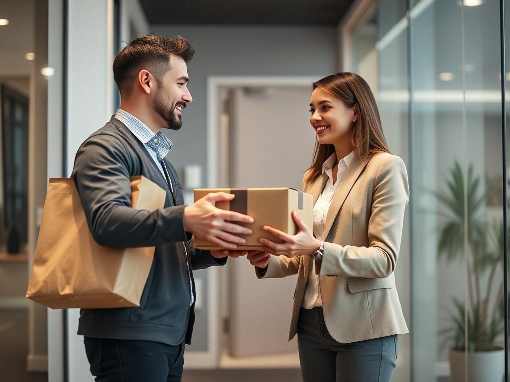 A close up shot of a delivery person handing over