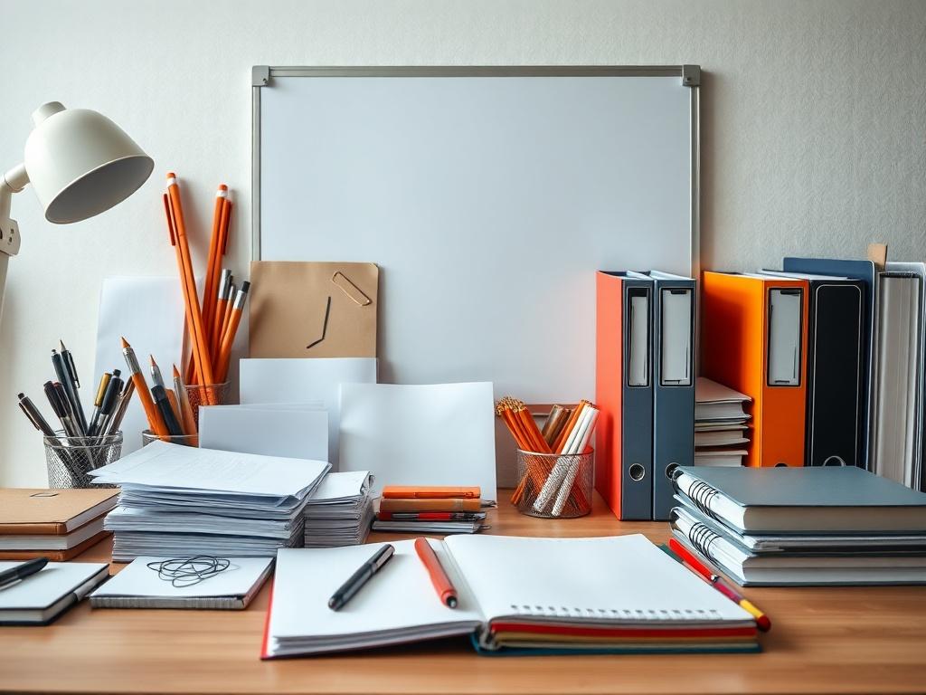 A hyper-realistic close-up shot of an organized desk featuring a variety of office supplies. The image should prominently display paper products, files, binders, pens, notebooks, and a whiteboard. The background should be simple and clean, emphasizing the arrangement of supplies. The lighting should be bright and inviting, highlighting the textures and colors of the products. The overall composition should evoke a sense of efficiency and organization.