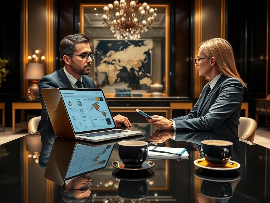 A sleek, modern office environment with a professional corporate travel manager discussing strategy with a client, showcasing a laptop with travel data on the screen, a notepad, and a coffee cup on the table. The background features elegant decor with a dark color scheme and gold accents, creating a sophisticated atmosphere.