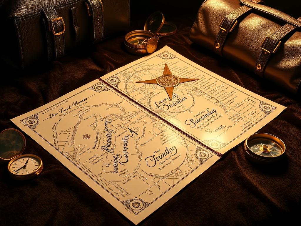 A luxurious travel itinerary spread out on a velvet surface, featuring elegant calligraphy and gold accents, surrounded by travel essentials like a vintage compass and a stylish travel bag. The background should be dark to contrast the shiny gold and rich textures, creating an atmosphere of sophistication and exclusivity.