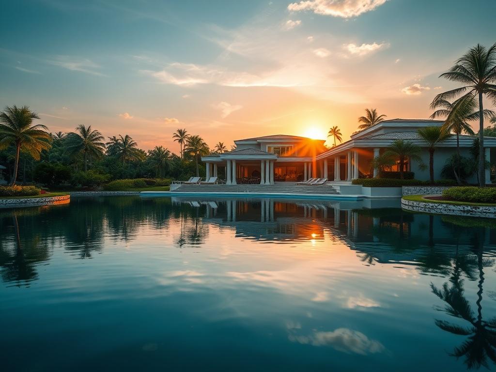 A serene landscape showcasing a luxurious villa surrounded by lush greenery and tranquil waters. The villa reflects a high-end lifestyle with elegant design elements and a stunning sunset in the background. The scene embodies tranquility and refined living, capturing the essence of transcending ordinary experiences.