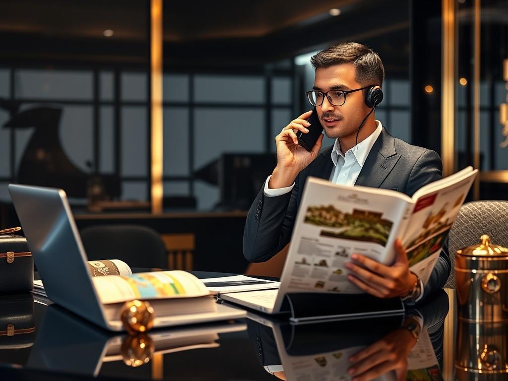 A luxurious travel planning scene featuring an elegant travel agent on the phone, surrounded by high-end travel brochures and a laptop, with a dark background and refined gold accents. The agent is dressed in a sophisticated suit, showcasing a professional demeanor while discussing travel arrangements. The setting is chic and upscale, conveying exclusivity and personalized service.
