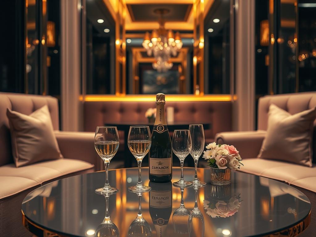 A sophisticated, high-resolution image of an elegant, private lounge setting with plush seating, ambient lighting, and refined decor. The focus is on a beautifully arranged table with luxury items such as a champagne bottle, crystal glasses, and a small, tasteful bouquet of flowers. The background features subtle gold accents and a dark, rich color palette, enhancing the exclusive and inviting atmosphere.