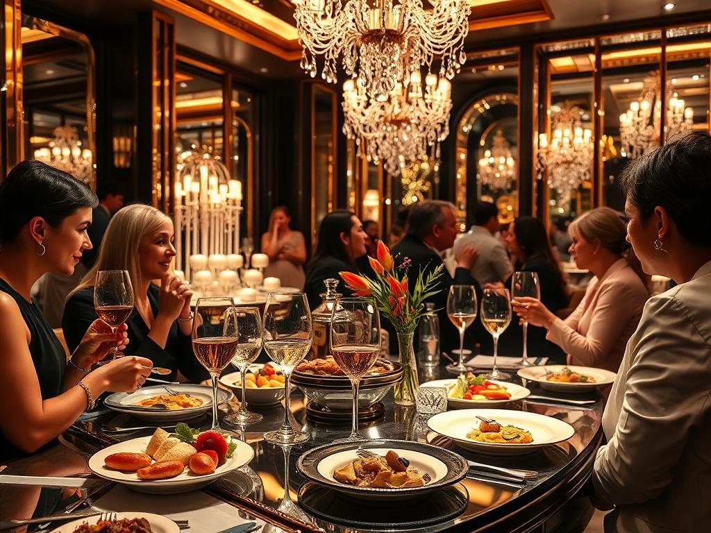 A lavish private event setting with guests enjoying gourmet food and exquisite decor, highlighting the exclusivity and luxury of curated experiences.