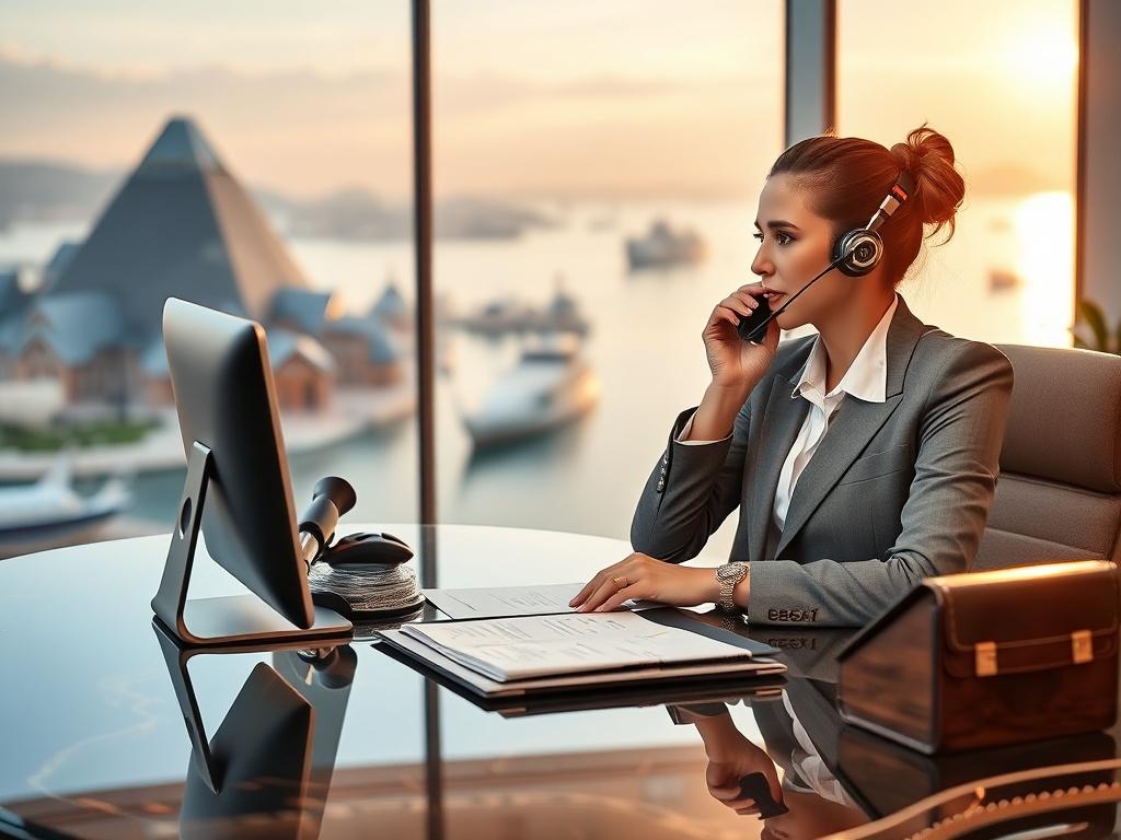 A luxurious travel coordinator on the phone, with an elegant desk filled with travel documents and a backdrop of a high-end destination, showcasing professionalism and sophistication.