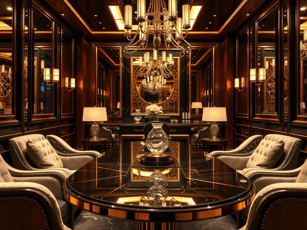 A luxurious private consultation setting with elegant decor, featuring a stylish table with plush seating and a warm ambiance, reflecting exclusivity and sophistication.