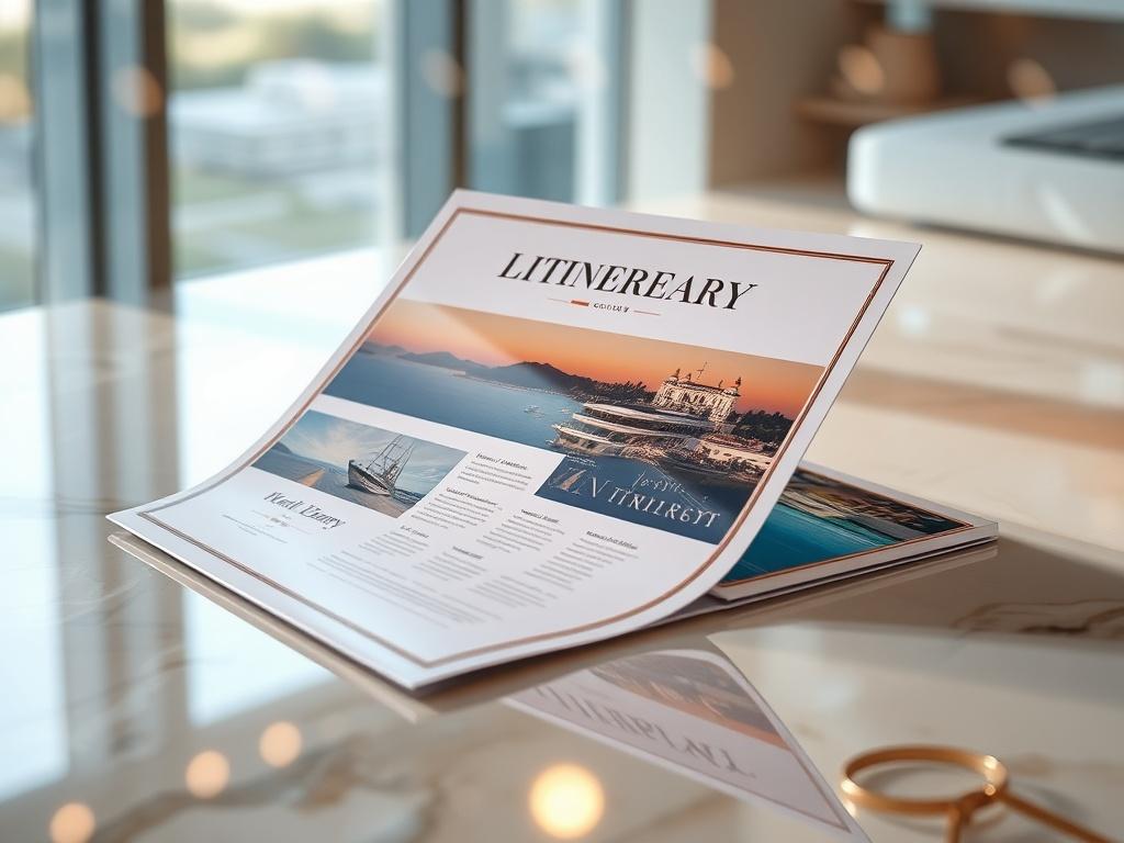 A beautifully designed travel itinerary displayed on a polished surface, with elegant typography and luxurious imagery, capturing the essence of exclusivity.
