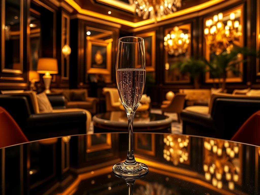 A luxurious, elegant setting that embodies exclusivity and refinement. The composition features an opulent private lounge with plush seating, soft golden lighting, and rich textures. In the foreground, a crystal champagne flute rests on a dark, polished surface, reflecting the warm glow around it. The background showcases subtle hints of a lavish lifestyle, such as exquisite art pieces and lush greenery. The overall color scheme is dark with refined gold accents, creating an atmosphere of sophistication and