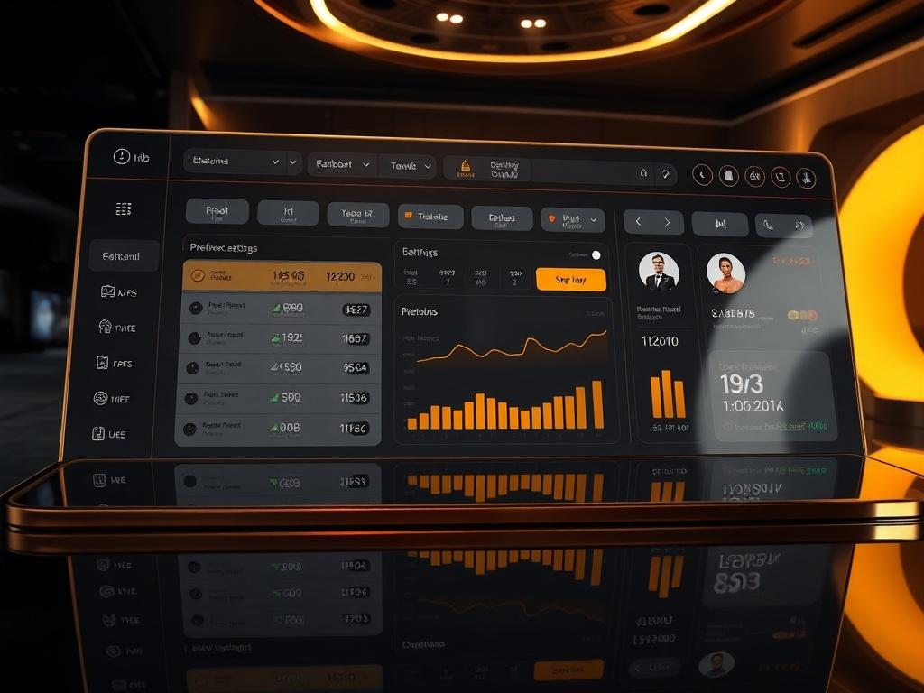 A high-resolution image of a luxurious travel dashboard displaying real-time travel alerts, preference settings, and a secure traveler profile interface. The background should be sleek and modern, with dark tones and refined gold accents, symbolizing exclusivity and elegance.