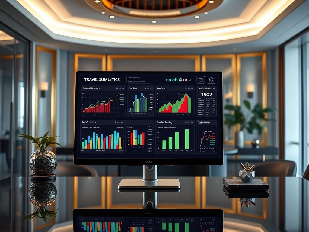 A sleek, modern office setting featuring a high-resolution computer screen displaying interactive travel analytics dashboards. The screen showcases colorful graphs and charts representing travel spend summaries, traveler behavior data, and CO₂ emissions tracking. The background is elegantly designed, with gold accents and soft lighting to create a sophisticated atmosphere.