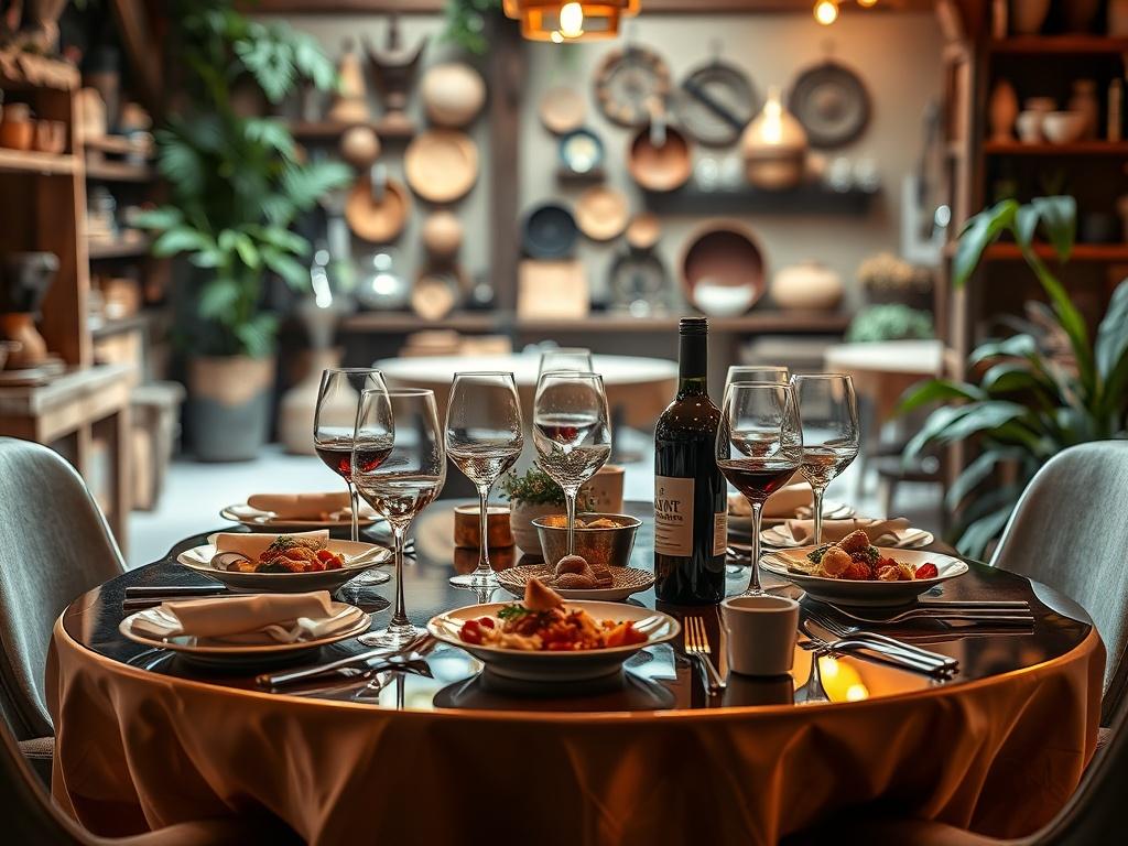 A high-resolution image of an elegant dining table set for a private meal, beautifully arranged with gourmet dishes and fine wine. The backdrop features a softly lit artisan workshop with hand-crafted items, creating a warm and inviting atmosphere. The table is adorned with luxurious tableware and surrounded by lush greenery, emphasizing exclusivity and sophistication.