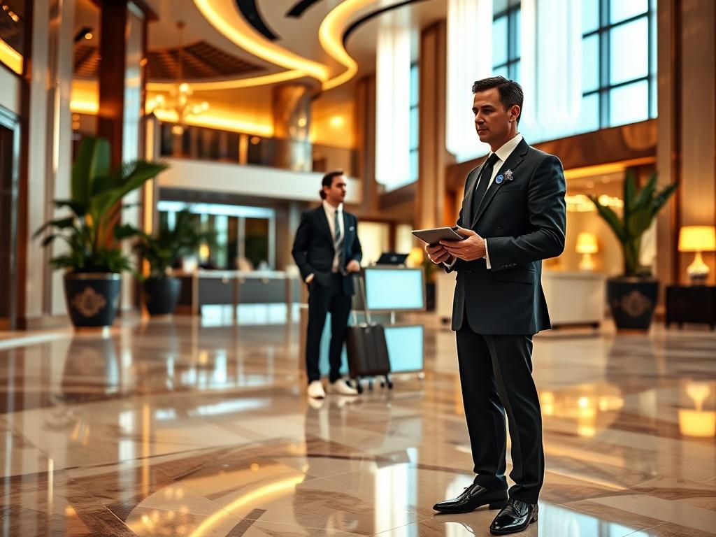 A luxurious travel concierge setting showcasing a well-dressed concierge with a tablet, standing in a high-end hotel lobby. The concierge is assisting a group of business travelers who are checking in for a conference. The background features elegant decor, including polished marble floors, sophisticated lighting, and lush indoor plants. The atmosphere conveys exclusivity and professionalism, with warm lighting enhancing the luxurious ambiance.