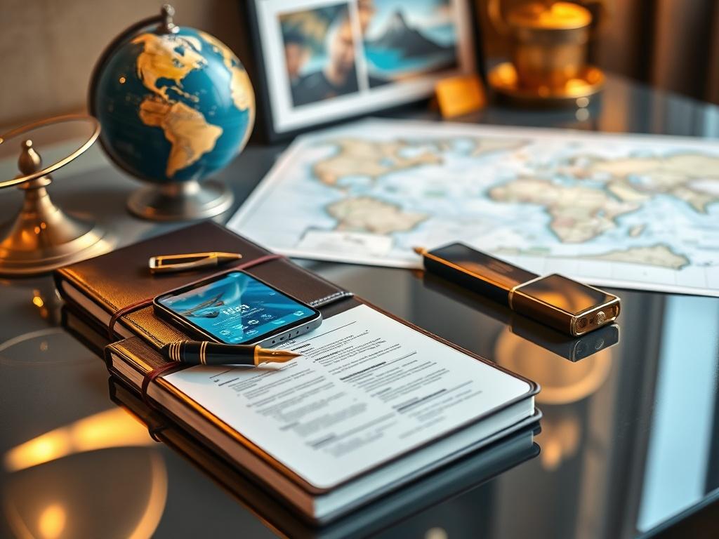Create a realistic high-resolution image depicting the essence of private travel planning. The composition should feature a single, elegantly designed travel planner's desk as the primary subject. The desk is adorned with luxurious travel accessories including a high-end leather-bound notebook, a fountain pen, and a sophisticated smartphone displaying a high-end travel app. 

In the background, softly blurred, showcase travel elements such as a classic globe, beautifully framed destination photos, and a sty