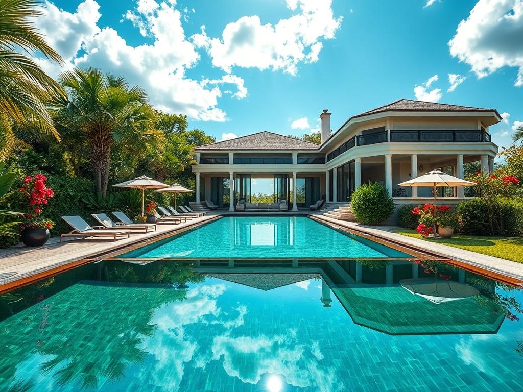 A luxurious private villa surrounded by lush greenery, showcasing elegant architecture and sophisticated outdoor seating. The setting includes a sparkling pool reflecting the sunlight, with comfortable lounge chairs and vibrant flowers adding color. The background is a serene landscape, emphasizing tranquility, with a clear blue sky and soft, fluffy clouds. The image should be hyper-realistic, highlighting the villa's opulent design and inviting atmosphere.