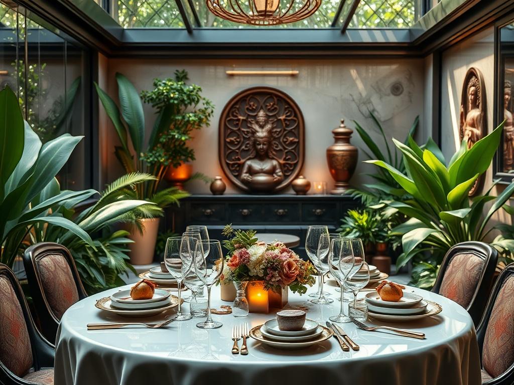 A luxurious and elegant private sanctuary, featuring a beautifully arranged table set for a gourmet meal, surrounded by lush greenery and sophisticated decor. The background should include hints of cultural artifacts, symbolizing refinement and discovery. The lighting should create a warm and inviting atmosphere, enhancing the sense of exclusivity and personalization.