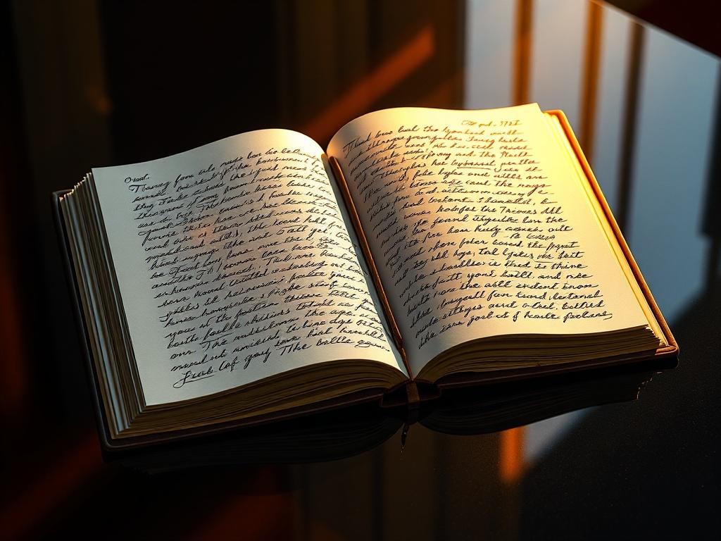 A luxurious travel journal open on a dark, shiny surface. The pages are filled with elegant handwriting detailing travel memories. A soft golden light highlights the journal, reflecting off the surface, creating an atmosphere of exclusivity and warmth. The background is a rich, deep color that enhances the elegance of the scene.