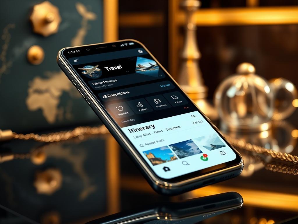 A sleek, modern mobile phone displaying a travel app interface with itinerary access, alerts, and document storage. The background is a luxurious travel-themed setting with a dark color palette and gold accents, reflecting elegance and exclusivity.