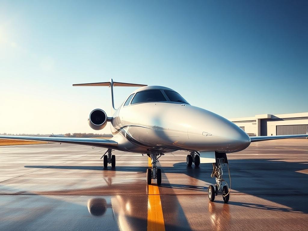 A luxurious private jet on the runway with gleaming reflections under a clear blue sky, showcasing sleek design and elegance. The background features a serene airport environment, with a focus on the jet's shiny surface and mirror-like highlights, emphasizing exclusivity and sophistication.