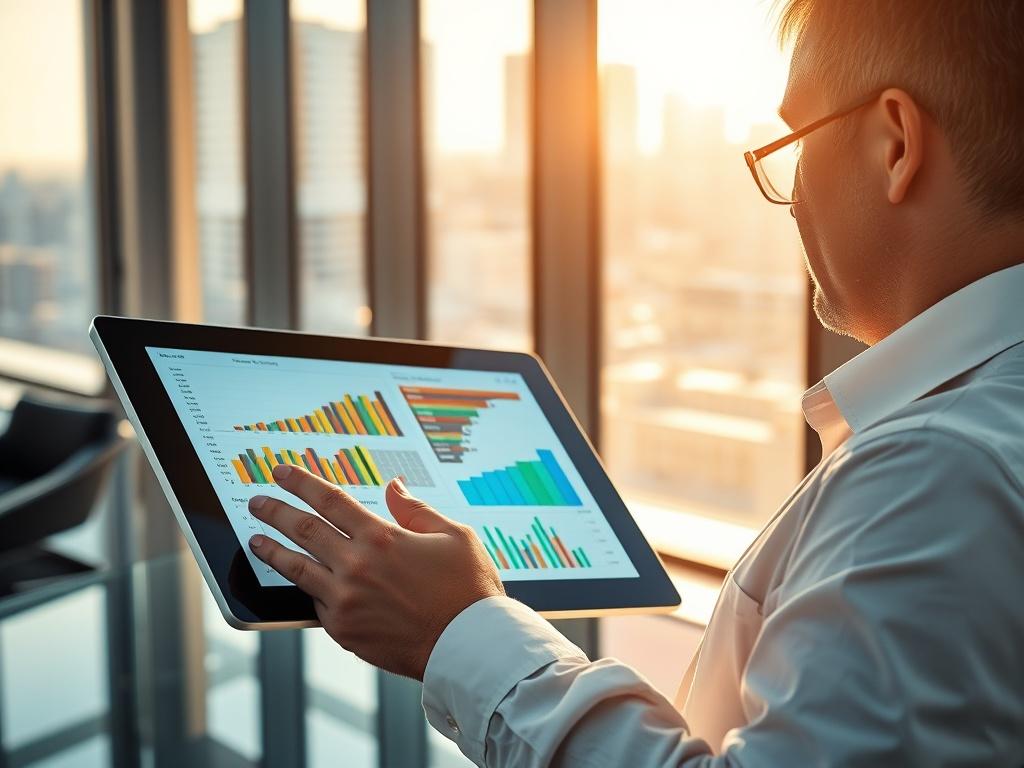 A close-up of a professional analyst reviewing data on a digital tablet, displaying colorful graphs and charts. The background features a modern office setting with large windows, bright natural light, and a city view. The analyst appears focused and engaged, showcasing a dynamic work environment.