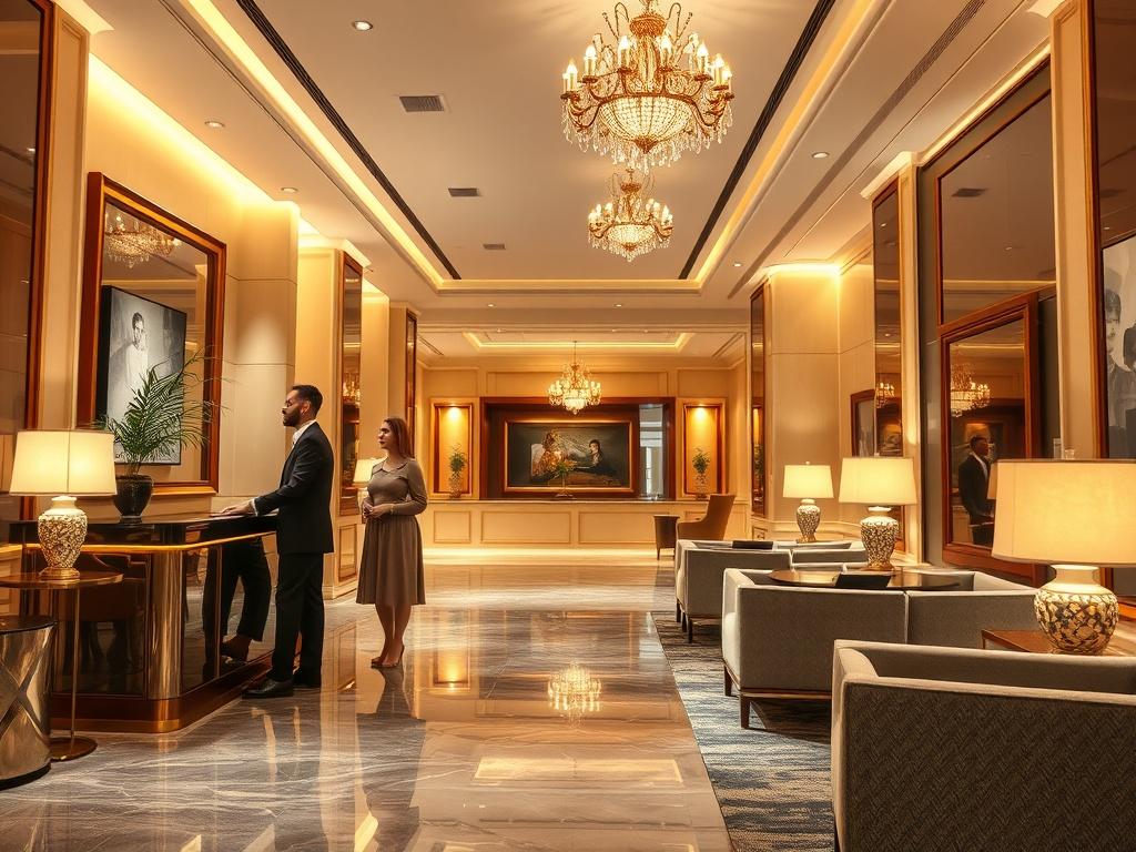 An elegant hotel lobby with a warm, inviting ambiance. A couple is checking in at the front desk, while a concierge assists them with a smile. Luxurious decor features soft lighting, plush seating, and artful displays. The scene embodies warmth and exceptional service.