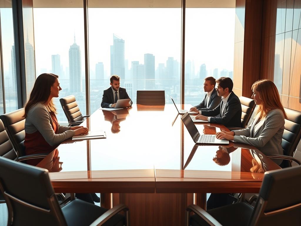 A sophisticated meeting room with a polished wooden table, modern chairs, and a large window showing a city skyline. A group of business professionals are engaged in a discussion, with documents and laptops open in front of them. The lighting is soft and warm, creating an inviting atmosphere.