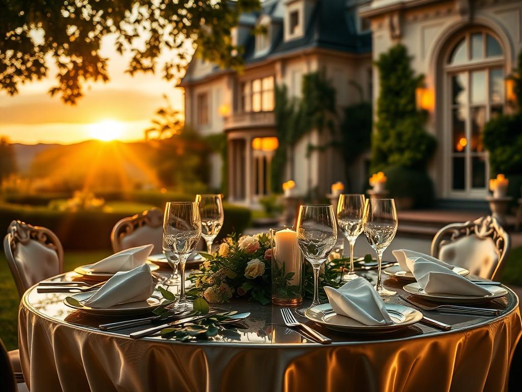 A luxurious private château set for an intimate celebration. The scene features elegant table settings with fine china and crystal glassware, surrounded by lush greenery and soft candlelight. The background includes beautiful architecture of the château with a warm sunset casting a golden glow. The overall atmosphere should evoke a sense of exclusivity, sophistication, and warmth.