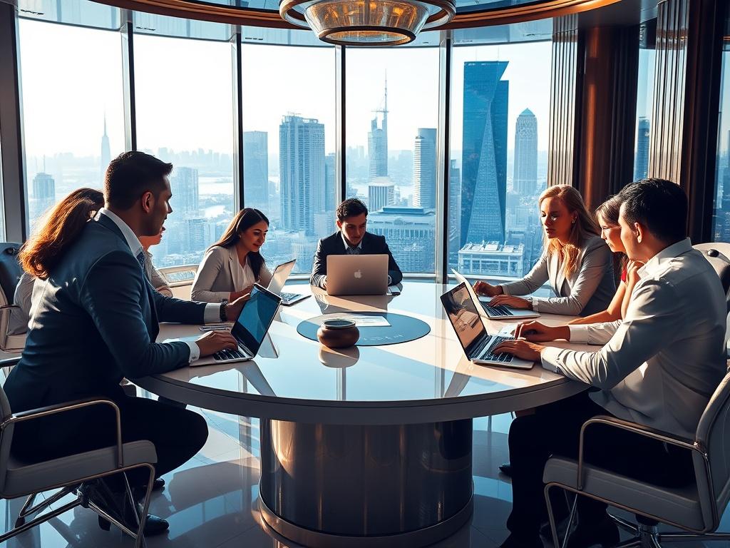 A luxurious meeting room with a large round table, elegant decor, and a view of the city skyline. A diverse group of professionals engage in a discussion, analyzing data on sleek laptops and digital screens. The atmosphere is sophisticated and collaborative, reflecting a high-end business environment.