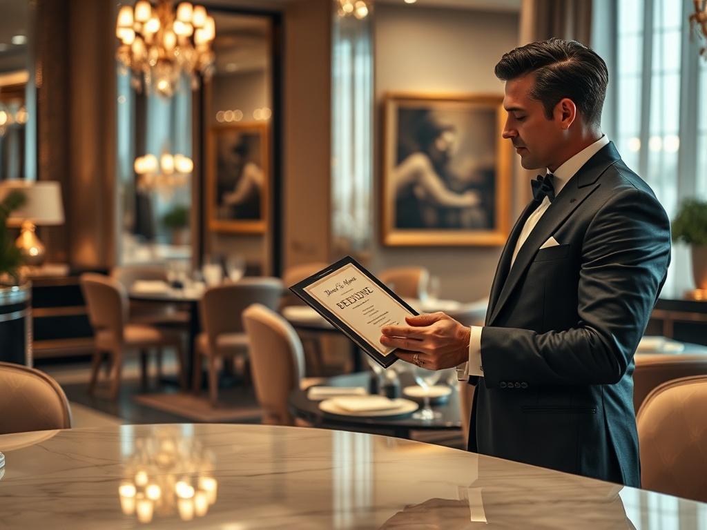 A luxurious lifestyle setting featuring a sophisticated interior with elegant decor. In the foreground, a well-dressed individual is receiving a bespoke invitation to an exclusive event. The background showcases a glimpse of a beautifully set table with fine dining and a piece of art on display. Soft ambient lighting enhances the elegance of the scene, with rich textures and colors creating a refined atmosphere.