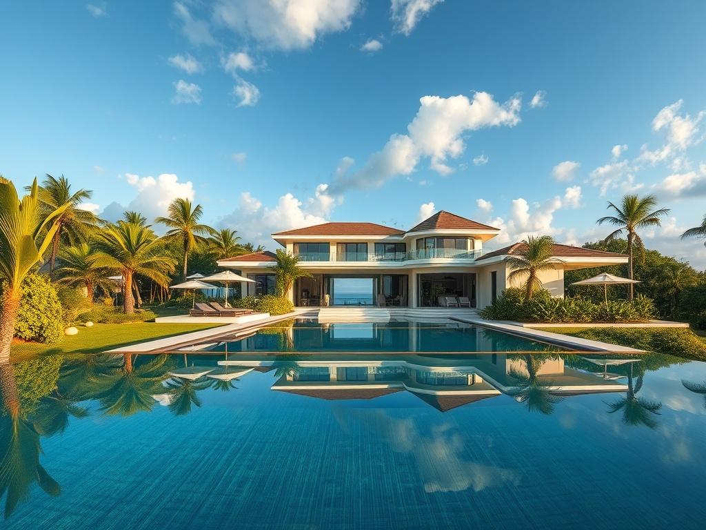 A luxurious travel scene showcasing a stunning private villa surrounded by lush greenery and serene ocean views, reflecting a sense of exclusivity and elegance. The villa should have hyper-glossy surfaces and luminous highlights, emphasizing the allure of luxury travel. The background should be a clear blue sky with soft clouds, creating an inviting and tranquil atmosphere.