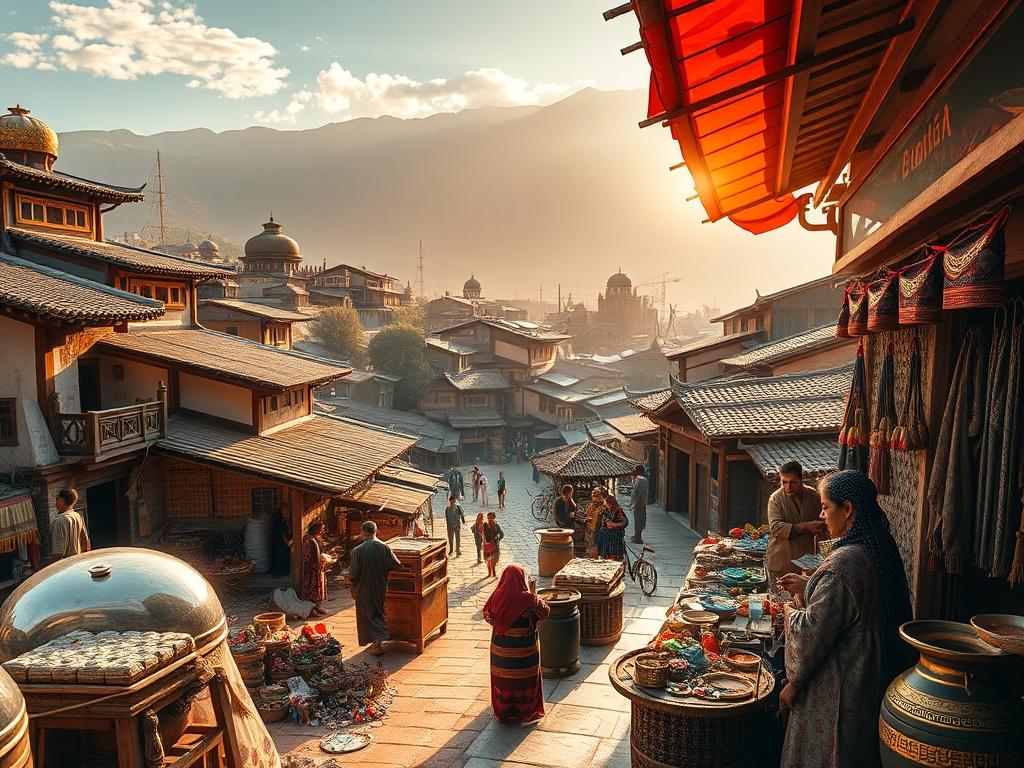 A breathtaking scenic view of a cultural village, showcasing traditional architecture and local artisans engaged in their crafts. The scene should be vibrant, capturing the essence of community and connection, with warm sunlight casting a golden glow over the landscape. Include elements of artistry, such as handcrafted goods displayed prominently. The overall atmosphere should evoke a sense of heritage and meaning, reflecting the idea of a legacy voyage.