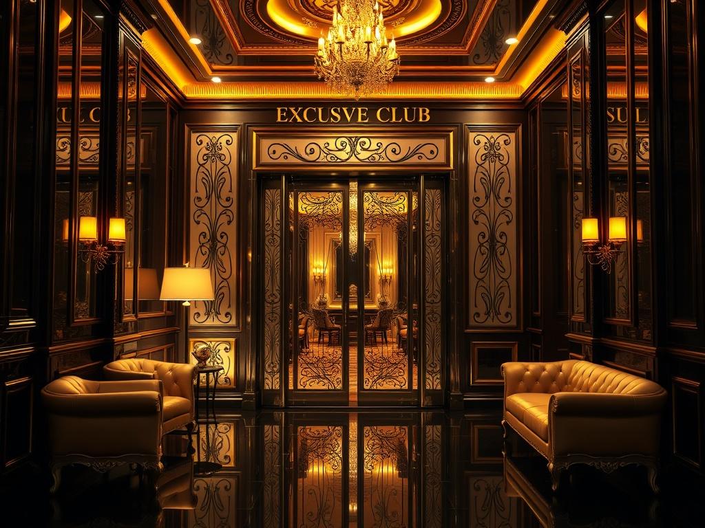A luxurious, elegant entrance to an exclusive club, featuring a grand door with intricate designs, soft golden lighting illuminating the space, and plush furnishings inviting guests in. The background should have a tastefully decorated hallway leading to a private area, reflecting sophistication and exclusivity. The color scheme should incorporate dark tones with gold accents, creating a rich and inviting atmosphere.
