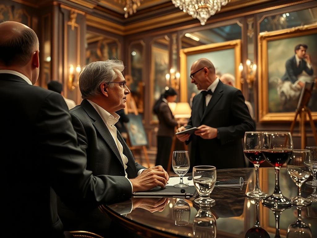 A luxurious, serene scene depicting a sophisticated traveler enjoying a private cultural event, surrounded by art and elegant company. The setting features opulent decor with soft lighting, emphasizing the exclusivity and intimacy of the experience. The traveler, dressed in refined attire, is engaged in conversation with an artist, showcasing a deep connection to culture and creativity. The background includes subtle hints of luxury, such as fine tableware and exquisite art pieces, enhancing the atmosphere 